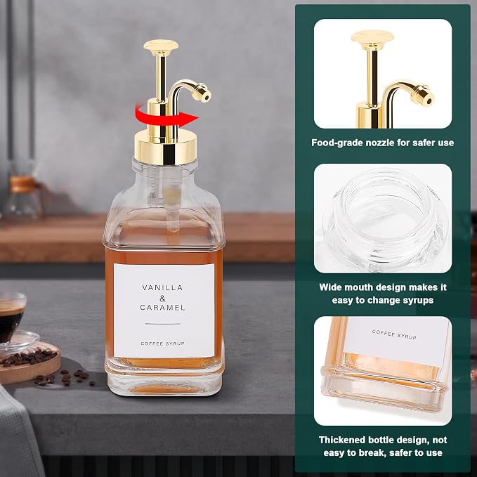 Coffee Syrup Dispenser for Coffee Bar, Clear Glass Syrup Bottles with Pump, Refillable Maple Syrup Storage, Coffee Station Accessories and Organizer, 500ml, Set of 2 (Gold)