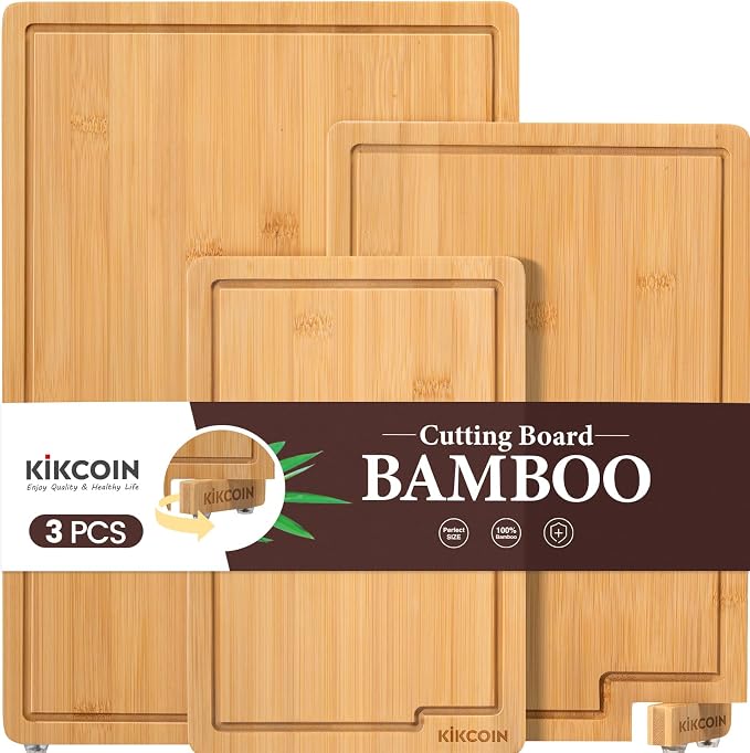 Kikcoin Bamboo Cutting Boards for Kitchen Set of 3, Extra Large Wood Cutting Board with Rotating Kickstand & Juice Groove, Wooden Chopping Board for Meats Veges Fruits, Heavy Duty Serving Tray