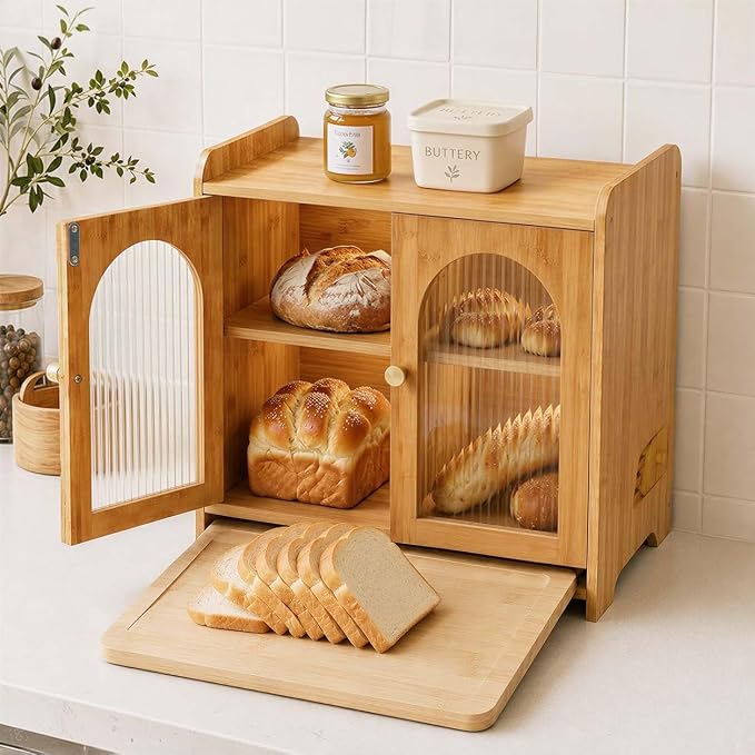 Bread Box for Kitchen Countertop, Large Double Layer Wooden Bread Storage Container with Acrylic Window, Adjustable Air Vents & Built-In Cutting Board, Pantry Organizer