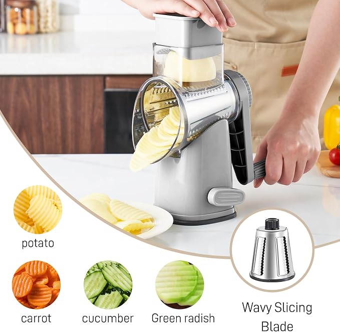 Weltonhm 4 in 1 Large Rotary Cheese Grater Hand Crank (Grey, 4 Graters) | Cheese Shredder Rotary and Slicer with 4 Stainless Steel Blades for Vegetables, Veggie and Cheese, Stronger Suction Base