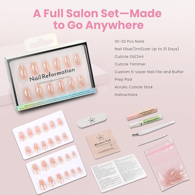 Nail Reformation Press On Nails, Minimalist | Short Almond Fake Nails | Curved French Tip on Nude Base in a Glazed Finish, Reusable Stick On Nails in 16 Sizes - 32 False Nail Kit for Women Gifts