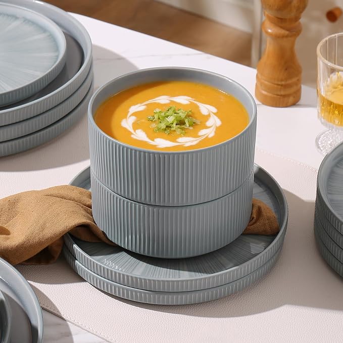 Stoneware Dinnerware Sets for 6, 18-Piece Plates and Bowls Set, Smoky Blue | Advanced Inkjet Printing Ceramic Dishes, Modern Minimalist Tableware, Scratch Resistant, Microwave and Dishwasher Safe