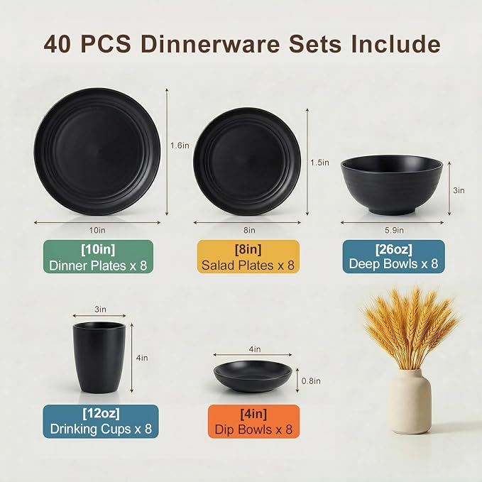 Plates and Bowls Sets for 8, Wheat Straw Dinnerware Sets 40 Piece, Unbreakable & Lightweight Dishes Set for 8, Microwave Safe Kitchen Dishes, Kitchen Essentials for New Apartment - Black