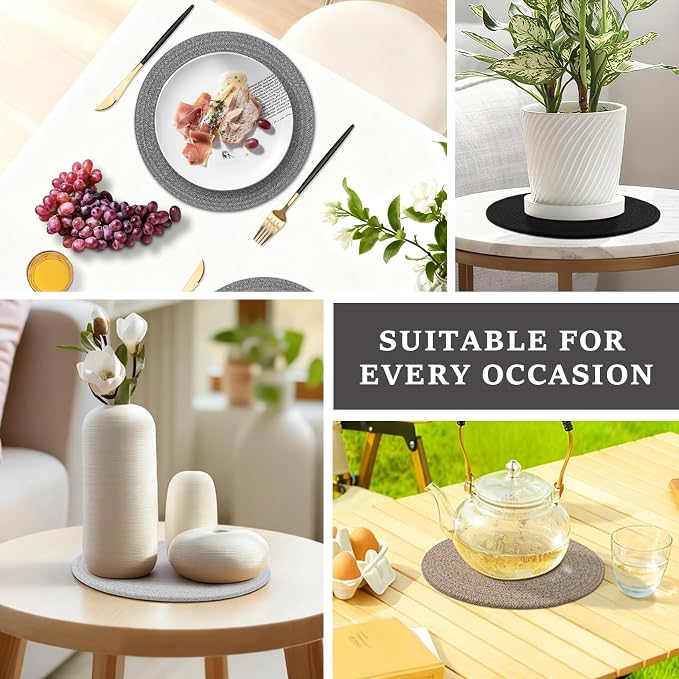 Round Placemats Set of 6, Cotton Rope Woven Table Mats, Hot Pads for Kitchen, Non Slip Heat Resistant Place Mats, 13 Inches Braided Placemat for Farmhouse Decor and Kitchen Table Decor (Gray)