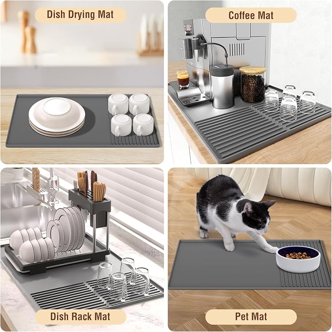 Silicone Coffee Mat with Raised Edges, 20'' X 12'', Bar Mat for Countertops, Fits Under Coffee Maker, Espresso Machine, Dish Drying Mat (GRAY)