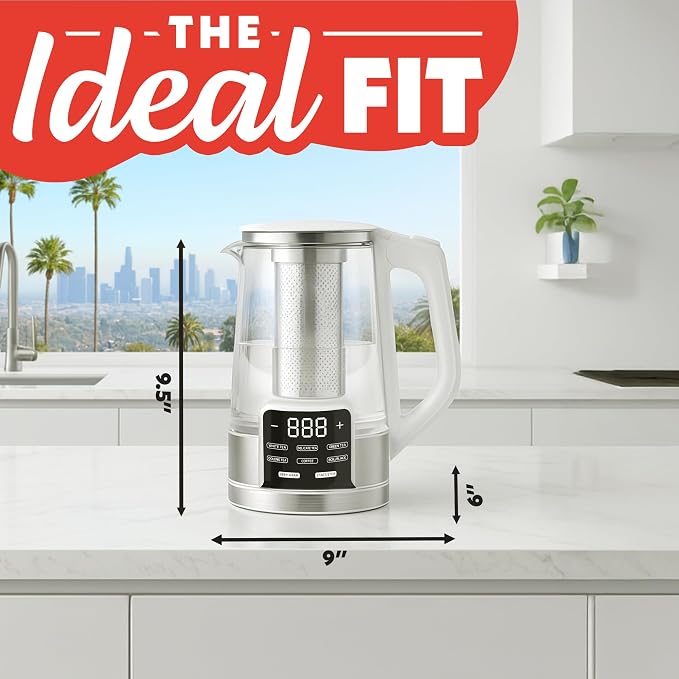 Gourmia Electric Glass Kettle – 1.7L Programmable Tea & Coffee Brewer with Digital Touch Display, 6 Presets, Removable Stainless Steel Infuser, Cordless with 360° Swivel Base, White