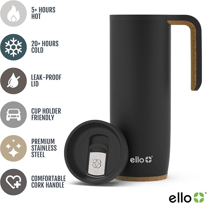 Ello Magnet 18oz Insulated Stainless Steel Travel Mug with Handle, Matte Black