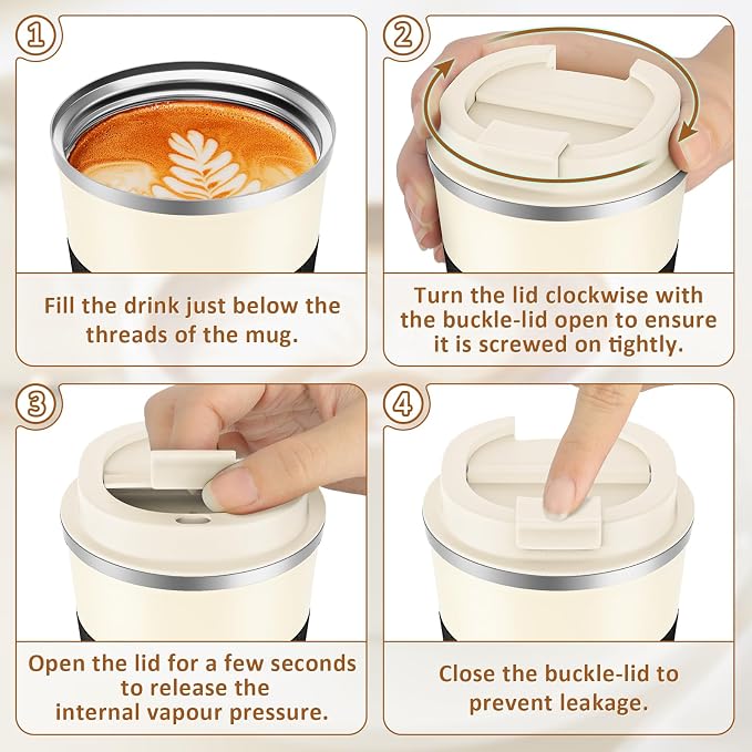 KETIEE 12oz Travel Mug: Vacuum Insulated Coffee Cup with Leakproof Lid, Travel Coffee Mug Stainless Steel Double Walled Reusable Coffee Cup for Hot and Cold Water Tea (Beige)