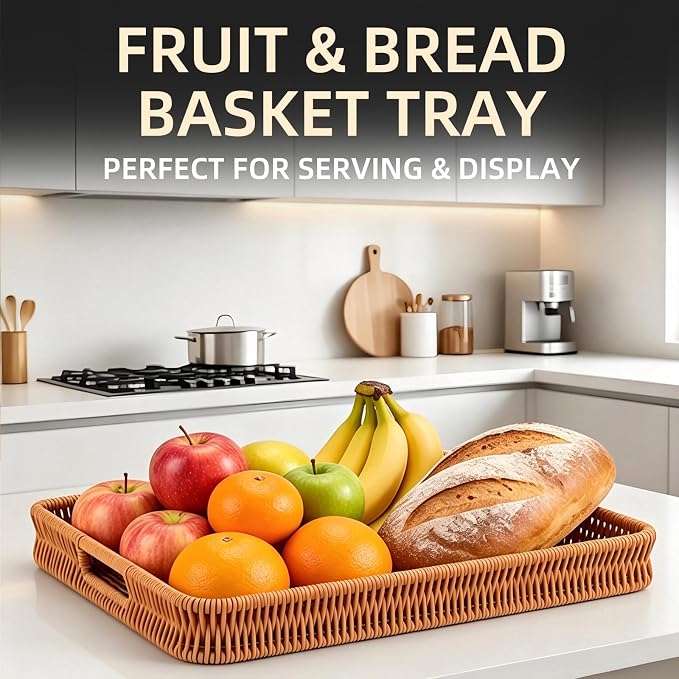 3PCS Hand-Woven 16“ Rattan Rectangular Serving Tray with Handles – Wicker Tray for Coffee Table Decor, Breakfast Basket, Drinks, Fruit, Snacks Organizer, Ottoman & Kitchen Counter Outdoor