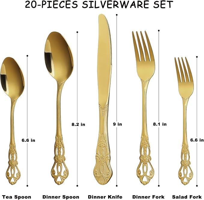 Gold Silverware Set for 4, Stainless Steel Gorgeous Retro Royal Flatware Set, 20-Pieces Cutlery Tableware set, Kitchen utensils set Include Spoons And Forks Set, Mirror Finish, Dishwasher Safe