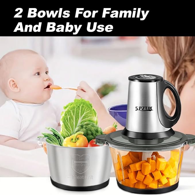 SPZTJK 3-Speed Electric Food Processor: Meat Grinder, Vegetable Chopper & Baby Food Maker - 300W, 2 Bowls (8 Cup Stainless Steel+8 Cup Glass), Quiet Operation