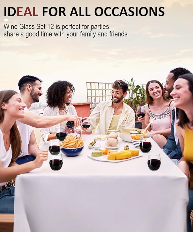 OJA Wine Glasses Set, Crystal Stemless Red Wine Glass, Set of 12, 15 oz | No Stem, Clear, Sturdy Drinking Glass for White Wine, Daily Use, Birthday, Wedding, Home Party, Anniversary, Shower Gift