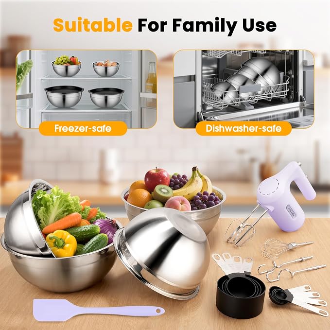 Lord Eagle 5-Speed Hand Mixer Electric With 4 Mixing Bowls Set | 300W Lightweight Kitchen Handheld Mixer with Measuring Cups & Spoons, Stainless Steel Bowls, Baking Supplies for Cake, Purple