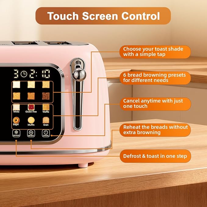 Mecity Toaster 4 Slice, Touch Screen Wide Slot Retro Toaster For Breads Bagel Muffin Waffle, House Warming Gift New Home, 120V 1650W, Pink Color