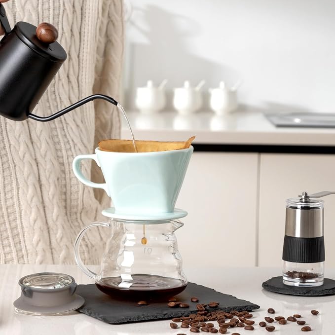 Pour Over Ceramic, Coffee Dripper Ceramic Coffee Maker,Green | 3 Holes Flat Bottom, Porcelain Slow Filter Cone for Travel, Camping, Office, Home, Coffee Maker Brew