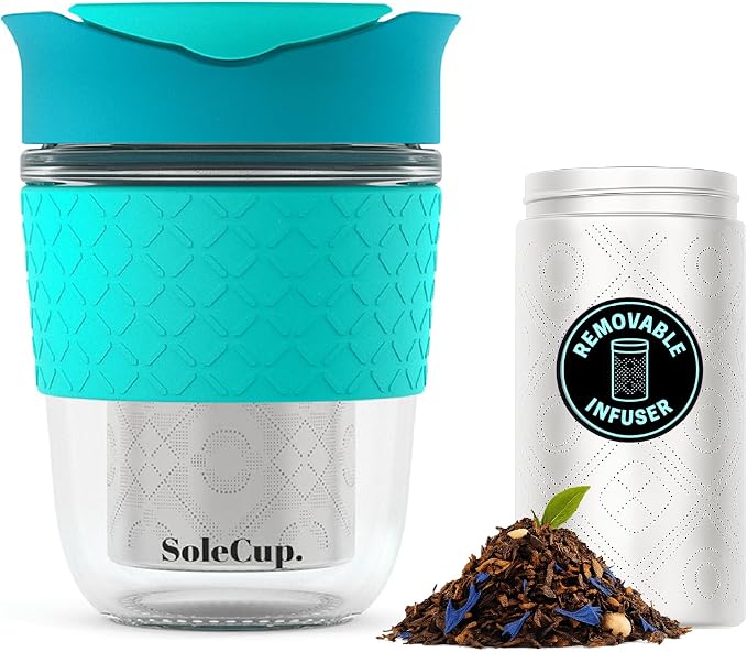Travel Mug Loose Tea Infuser - Detachable Tea Strainer with Spillproof Lid - BPA-Free Reusable Glass Travel Coffee Cup with Silicone Band (Blue, 12oz)