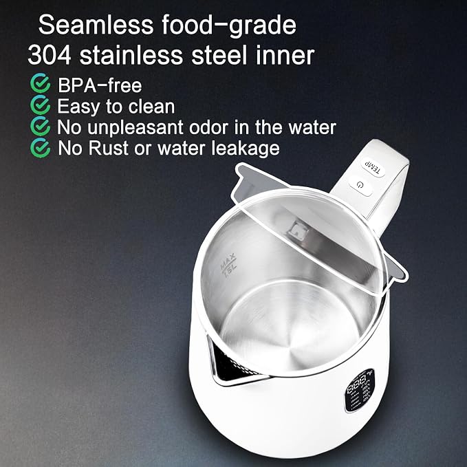 1.5L Electric Kettle Temperature Control, Porcelain White | Double Wall Cool Touch Teapot, Fast Boil, 5 Temperature Control, LED Display, Auto Shut-Off & Keep Warm