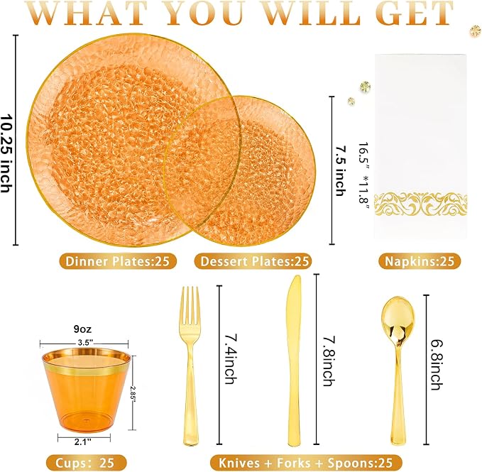 DaYammi 175PCS Clear Orange Plastic Dinnerware Set, Plastic Plates Disposable Hammered Disposable Plates for Party, Include: 25 Dinner Plates 25 Dessert Plates 75 Gold Silverware 25 Napkins 25 Cups