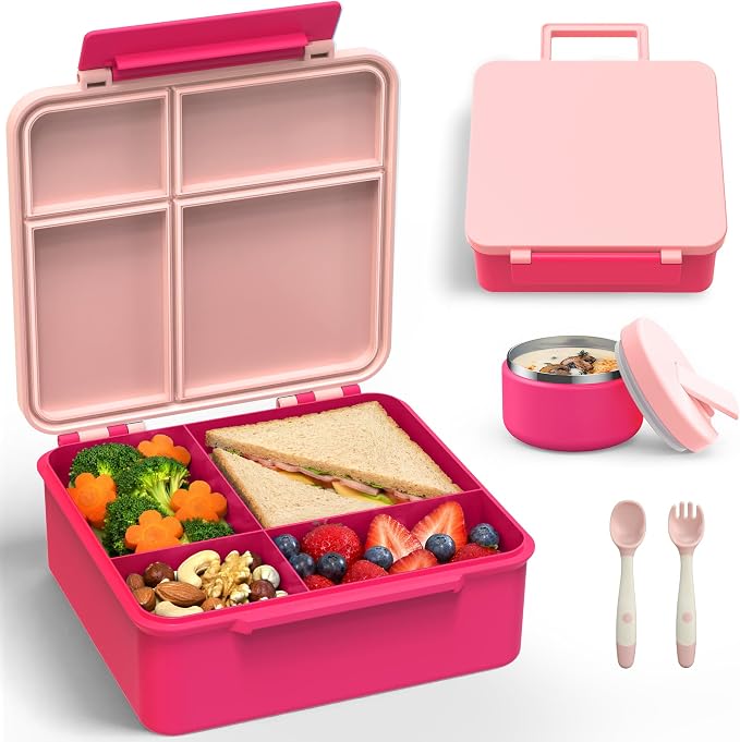 LOHASOK Bento Lunch Box for Kids with 8oz Soup Thermo, Pink | 4-Compartment, Leak-Proof Lunch Containers with Insulated Food Jar and Silicone Foldable Spoon Fork