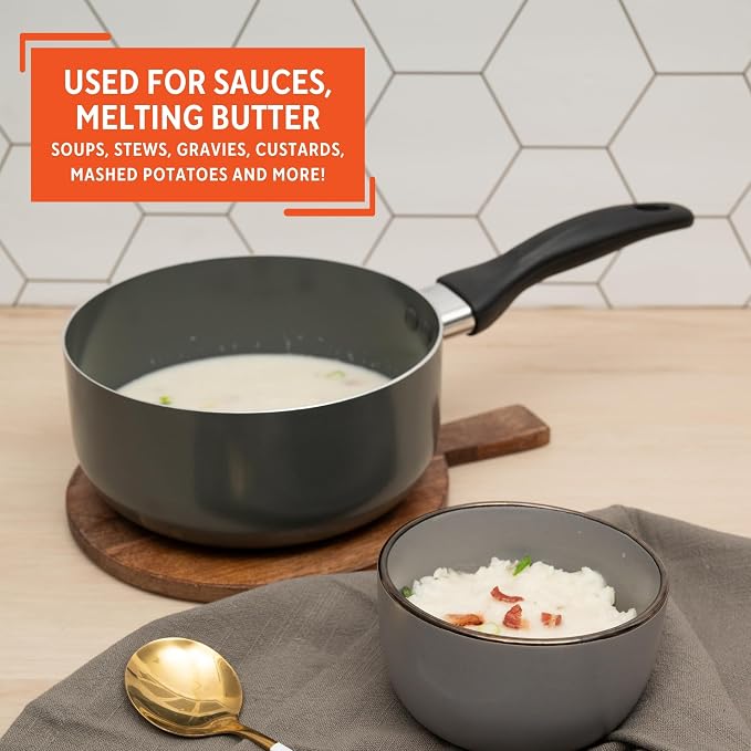 IMUSA 1.5 Qt Chef Cera Aluminum Ceramic Saucepan with Glass Lid, Gray | Ideal for Sauces and Side Dishes, Great for Everyday Cooking