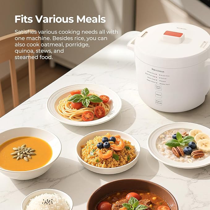Narcissus Rice Cooker with Removable PFAS-Free Nonstick Pot, 3.5-Cup Capacity for 1-3 People, Multifunctional for Rice, Oatmeal, Quinoa, Slow Cook, Steam, Can Steam & Cook Simultaneously, Rice White