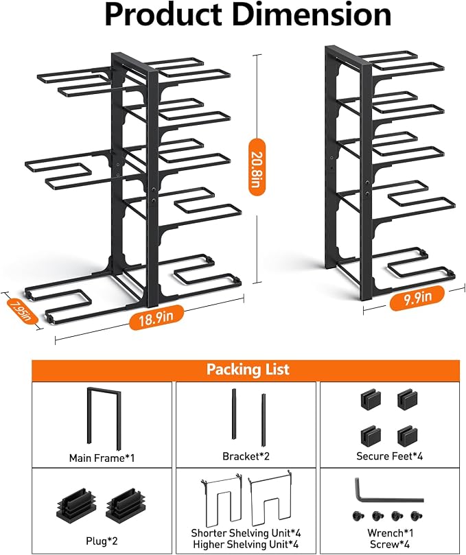 MUDEELA 8-Tier Heavy-duty pan organizers inside cabinet, 20.8" H Black | Adjustable 20.8" Height, Heavy-duty pot rack, Holds big stockpots, cookware & skillets, Fits countertops, Kitchen storage