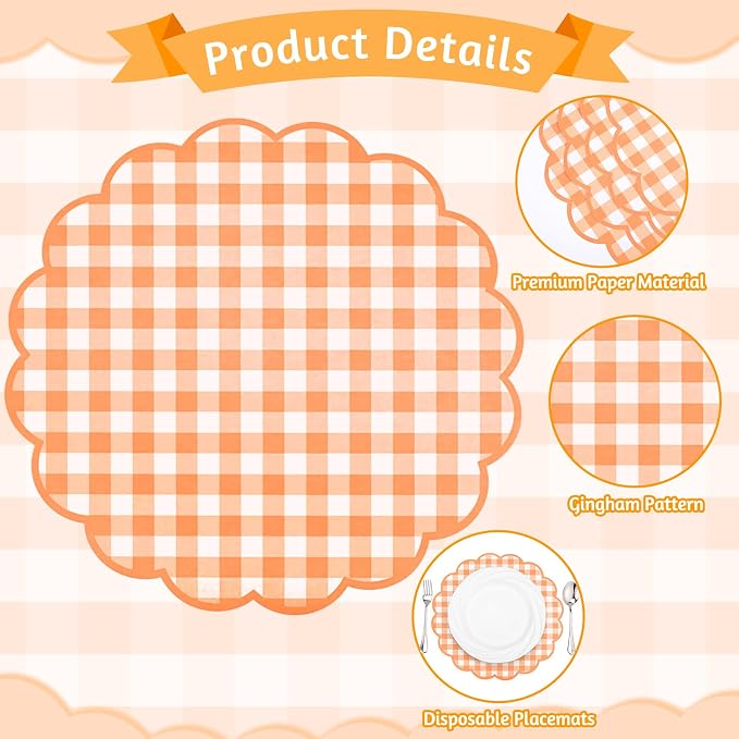 60 Pcs Orange and White Gingham Paper Placemats, Disposable Fall Placemat | 13.5 Inch Scalloped Checkered Place Mats Table Decorative for Picnic Table Setting BBQ Birthday Banquet Outdoors Party