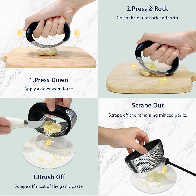 Garlic Press Rocker Set – Stainless Steel Garlic Crusher, Mincer with Peeler & Scraper, Quick & Easy Garlic Smashing
