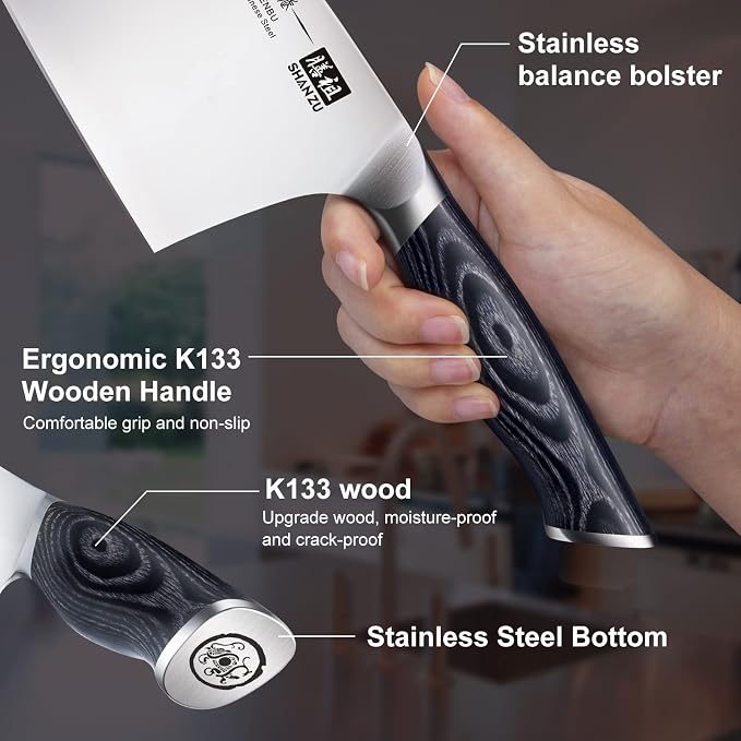 SHAN ZU 7 In Chef Knife, Sharp Meat Cleaver Knife Vegetable Chopper Knife | Professional Japanese High Carbon Stainless Steel Kitchen Chopping Knife with K133 Wood Handle, Black Tortoise Genbu Series