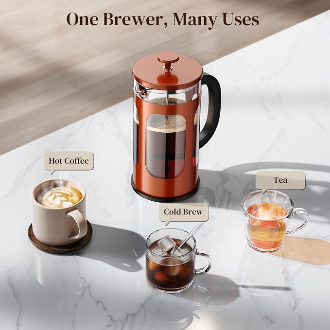 Veken French Press Coffee Maker,No Plastic Touching Cafe,34oz 1L Cafetera | Heat Resistant Thickened Borosilicate Glass Stainless Steel Brewer,Pot for Kitchen,Travel,Camping,Tea,Gifts,Copper