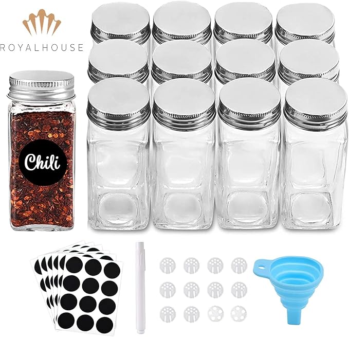 ROYALHOUSE 12 Pcs Glass Spice Jars/Bottles - 4oz Empty Square Spice Containers with Spice Labels and Airtight Metal Caps with Shaker Lids