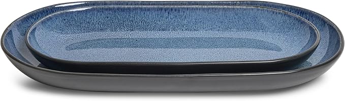 SANGO Resona Blue Serving Platters Set of 2, 14/12 Inch Stoneware Serving Dishes for Entertaining, Glossy Party Serving Trays with Reactive Glaze, Buffet Oval Platters for Bread, Appetizer, Cheese