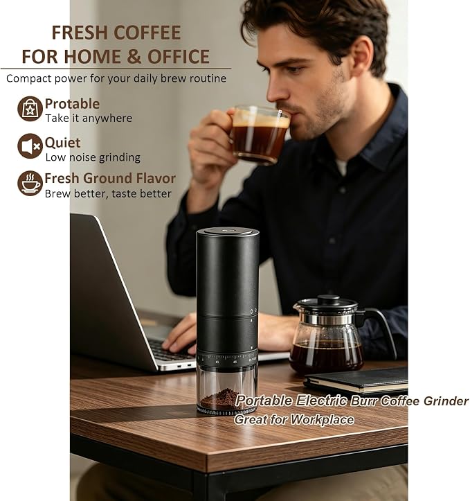 Portable Electric Burr Coffee Grinder, Rechargeable Espresso Grinder | Stainless Steel Coffee Bean Mill and Conical Mill 38 Adjustable Settings One-Button Operation for Travel Camping Office Home