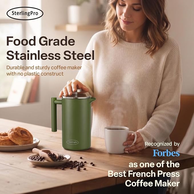 SterlingPro Large Insulated Stainless Steel French Press Coffee Maker 51oz Capacity (44 oz Brew Yield) – Double Wall Metal Coffee Press | Plastic Free | Cool-Touch | Green Finish | 12 Cups / 6 Mugs