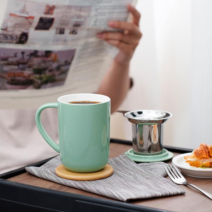 CEEFU 16oz Porcelain Tea Mug with Infuser, Lid and Coaster | Teaware with Filter, Loose Leaf Tea Cup Steeper Maker, Tea/Coffee/Milk/Women/Office/Home/Gift, Mint Green
