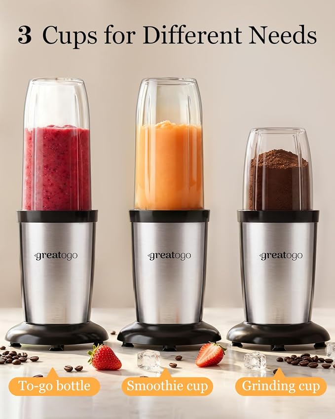 Personal Bullet Blender for Smoothies and Shakes, Kitchen Portable Compact Smoothie Maker with 2×24oz To-Go Cups, 10oz Grinding Cup for Frozen Drinks, Small Ice, and Spices