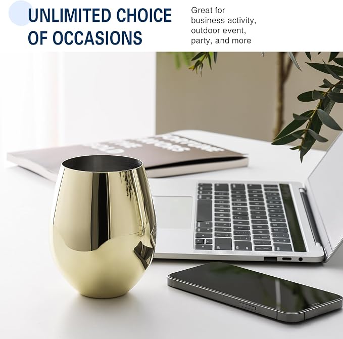 WOTOR Gold Wine Glasses Set of 4, 18oz Unbreakable Gold Goblet, Stemless Stainless Steel Wine Glass, Metal Wine Glass for Outdoor, Travel, Camping, Pool, Ideal Gift for Wine Lovers (Pack of 2)