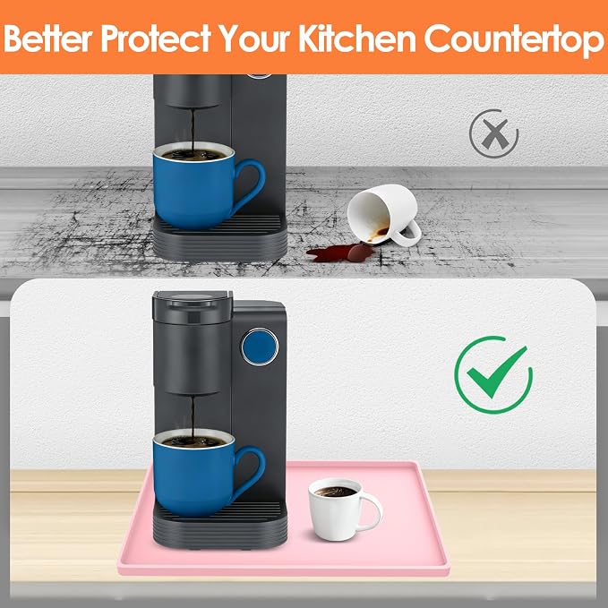 Silicone Coffee Maker Mat with Lip for Countertops, 15.7'' x 11.8'', Pink | Multi leak-proof coffee tray for countertop, non-slip silicone mat fits most coffee makers & espresso machines, wipe-clean
