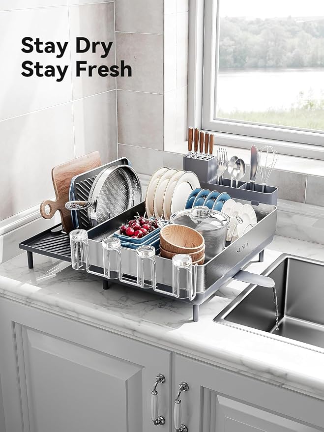 Large Dish Drying Rack, Expandable Dish Racks for Kitchen Counter, Space Saving 304 Stainless Steel Drying Rack Kitchen, Extra Large Drainer with Multifunctional Flip Up Pegs, Gray