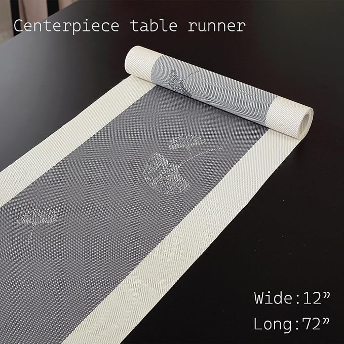 PIGCHCY Elegant Placemats with Matching Table Runner,Washable Durable Plastic Placemats for Dining Table Sets(6pcs Placemats+1pcs Table Runner, Gray)