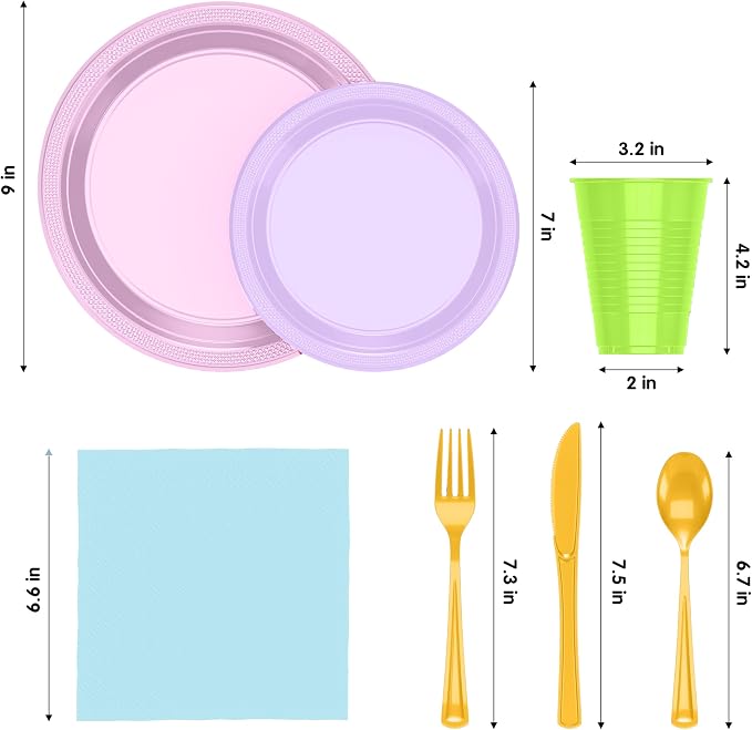 Party Solids 350 Pieces Easter Plates For Party, Easter Disposable Plates Set, 50 Of Each 9" Dinner Plate Set, 7" Dessert Plate, Cups, Napkins & Cutlery Plastic Dinnerware Set