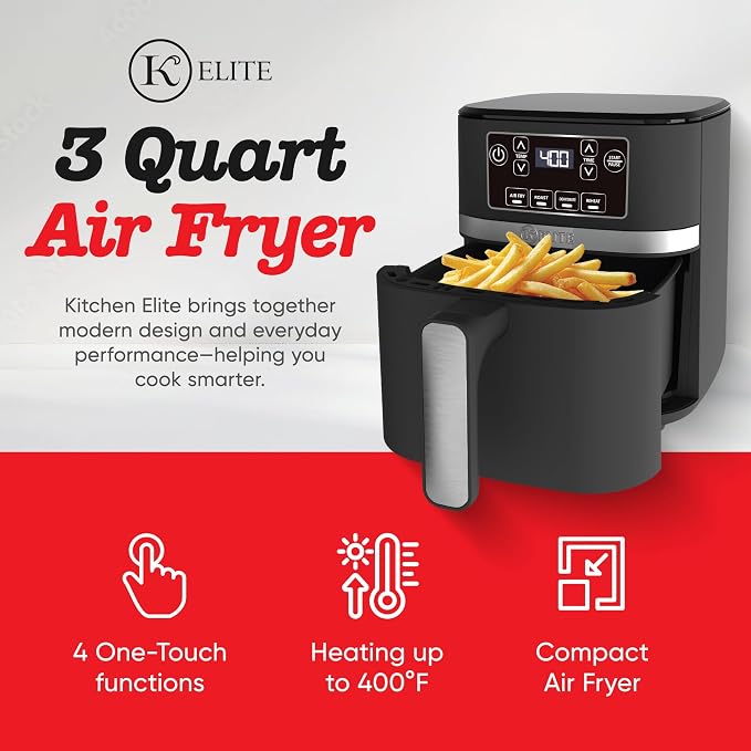 Kitchen Elite 3 Quart Digital Air Fryer Oven Compact Countertop Oil-Free Cooker with PFAS-Free Nonstick Basket, Easy Clean, Black