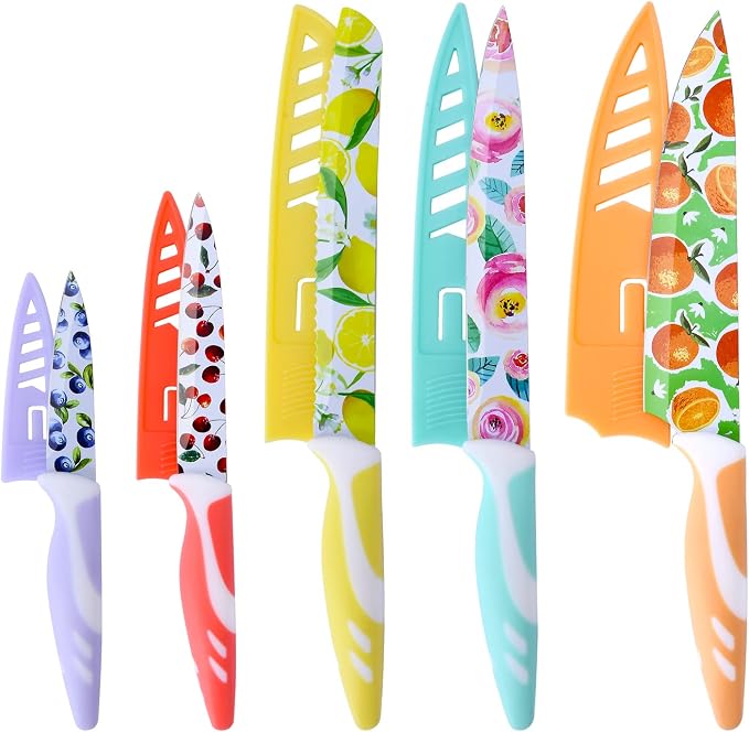 UPTRUST 10-piece Stainless Steel Kitchen Knife Set, Nonstick Coated with 5 Blade Guard, Multicolored Knives Set Gift for Mom