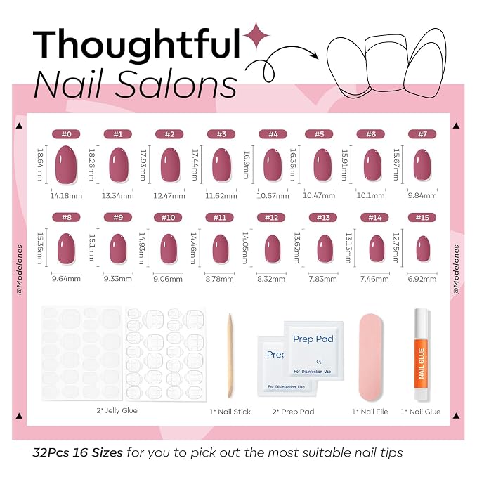 modelones Dusty Rose Short Press on Nails, Oval Fake Nails Kit | Press Ons with Nail Glue, Adhesive Tabs, Nail File, Prep Pad, Manicure Stick, 32Pcs 16 Sizes, Summer Women Girl Gift