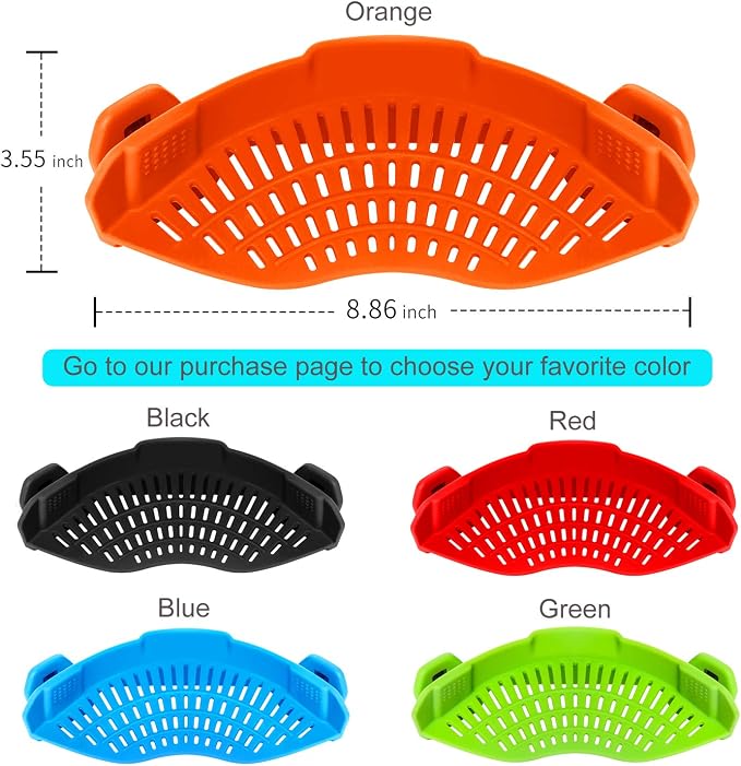 AUOON Clip On Strainer for Pots, Standard 8.86 x 3.55 in, Orange | Food-grade Silicone, Fits Pots Pans Bowls, Dishwasher Safe, for Pasta Noodles Vegetable Fruits, Space-saving Kitchen Gadget