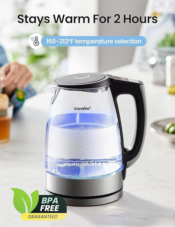 COMFEE' 1.7L Glass Temperature-Control Electric Kettle with 6 Preset Modes