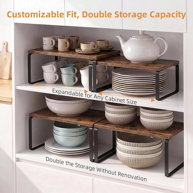 LAMU Cabinet Organizer Shelf, Set of 4 Expandable Kitchen Counter Shelve Plate Organizer for Cabiner, Stackable Spice Rack, CupBoard Organizers and Storage, Brown