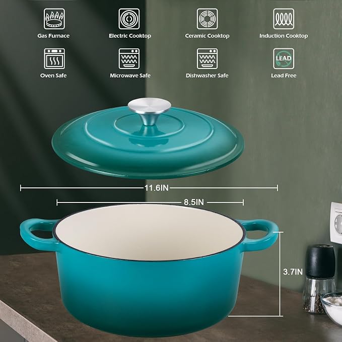 3QT Dutch Oven Pot with Lid, Leonyo 3 Quart Enameled Cast Iron Dutch Oven for Sourdough Bread Baking, Heavy Duty Cookware for Braising, Stews, Roasting, Lake Green