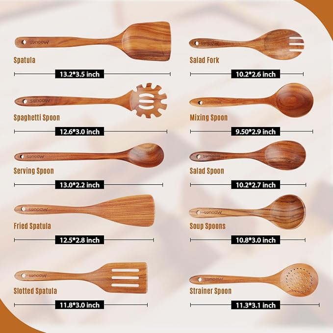 Mooues Wooden Spoons for Cooking, Wooden Utensils for Cooking Natural Teak Wooden Kitchen Utensils Set Comfort Grip (10 PCS SET) | Wooden Spoons for Cooking with Comfort Grip, Smooth Durable Heat Resistant Cooking Spoons and Cooking Utensils for Cooking