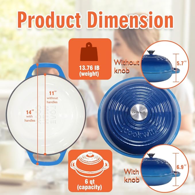 Enameled Cast Iron Dutch Oven for Bread Sourdough Baking, 6 Quart Bread Loaf Pan with Lid for Stews, Roasts, Blue